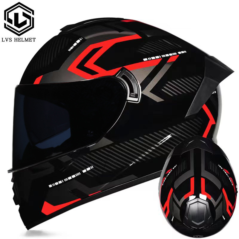 Coche eléctrico con casco completo, casco completo de otoño e invierno, coche eléctrico de carreras de imitación, coche eléctrico masculino, caballero, doble lente, cola larga