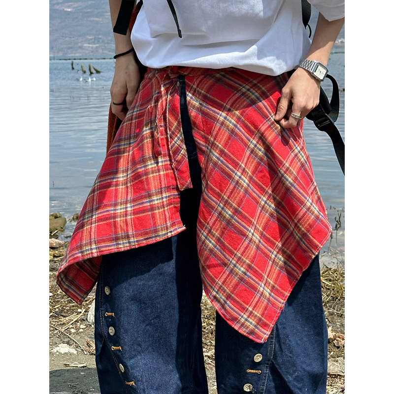 American-Style Skirt Layering Tool, Plaid Hem Fake Shirt with Waist Tie, One-Piece Apron for Men and Women