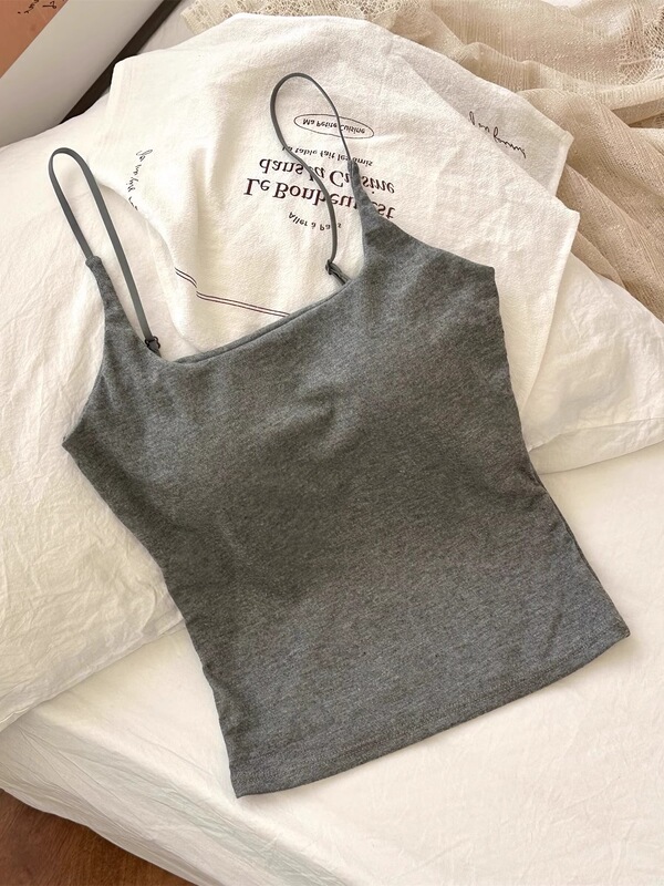 Adjustable Shoulder Strap Gray Camisole Women's Summer Inner Wear with Breast Pad Beautiful Back Bra All-In-One Bottoming Top