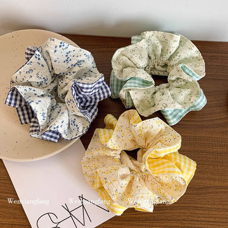 女性用の森風チェック柄花柄ヘアゴム、フレンチパストラルスタイルの花柄ヘアロープ、高級気質のボールヘアロープ|undefined