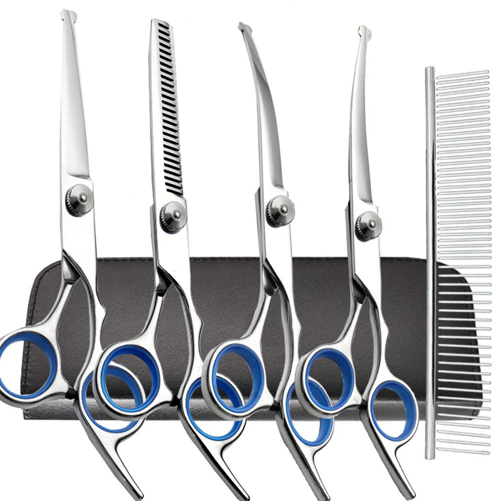 Venta directa transfronteriza tijeras de belleza para mascotas tijeras de corte de pelo de perro tijeras curvadas tijeras de corte de pelo de mascota profesional tijeras de dientes finos traje