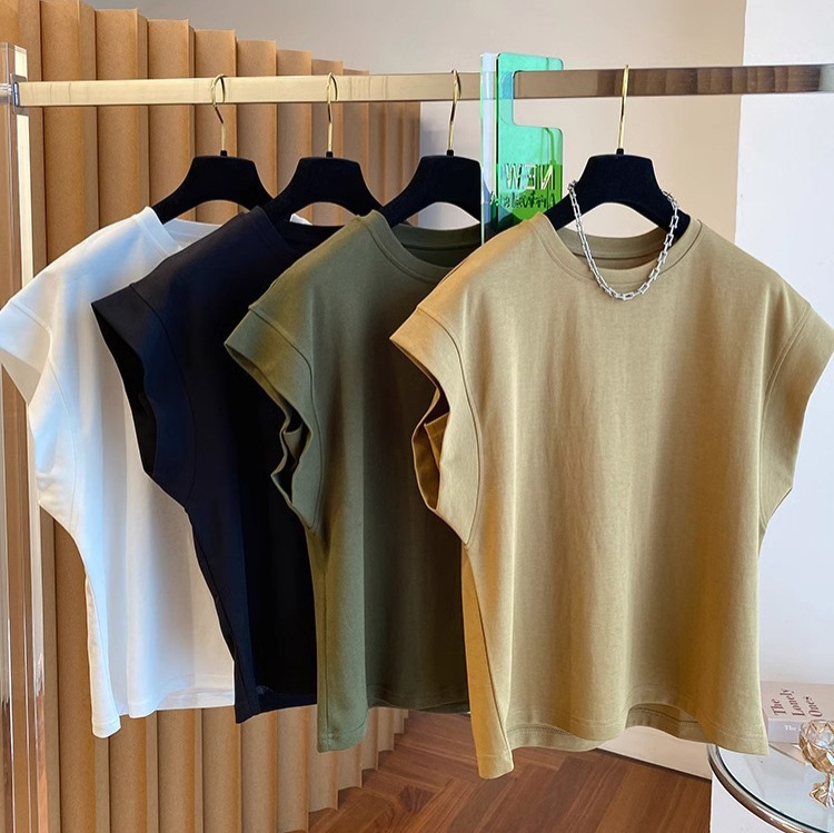 Cross-border foreign trade wholesale small flying sleeve round neck flying sleeve T-shirt women's simple solid color summer new loose top tide Cross-border foreign trade wholesale small flying sleeve round neck flying sleeve T-shirt women's simple solid color summer new loose top tide