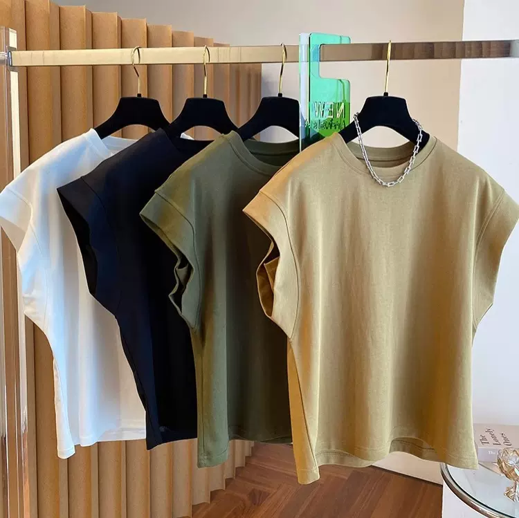 跨境外貿批发小飛袖圓領飛飛袖T恤女簡約純色夏季新款寬鬆上衣潮