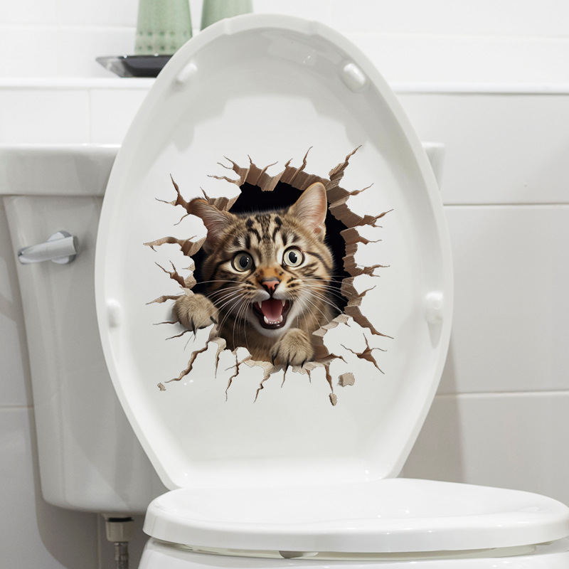 破墙宠物猫咪马桶盖贴纸自粘浴室装饰3D效果跨境热销卫浴装饰贴纸
