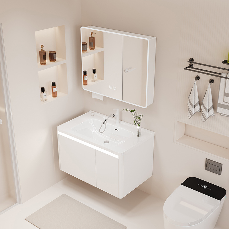 Gabinete de baño de agua con control de mesa, lavabo integrado de cerámica, cajón de baño, gabinete de baño de inducción, lavabo combinado, nido de abeja, aluminio