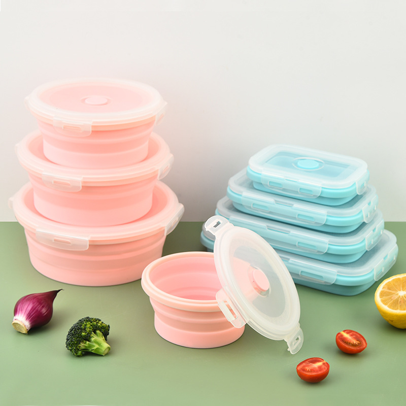 Fiambrera de silicona plegable redonda de 4 piezas caja bento creativa caja de almacenamiento de tazón plegable para el hogar juego de caja de conservación