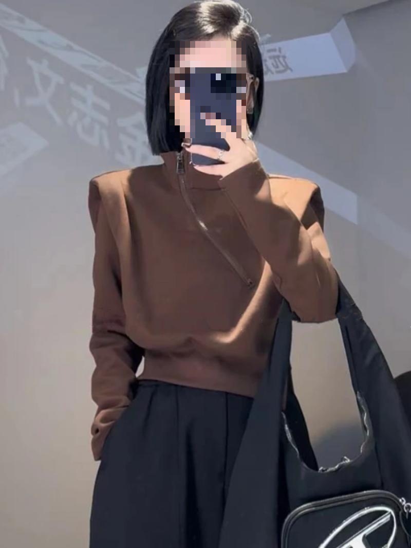 欧货春秋设计感小众斜拉链半高领卫衣女小个子时尚洋气长袖短上衣