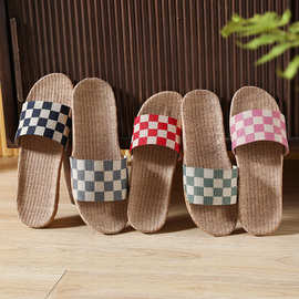 新款方格亚麻拖鞋女四季情侣室内居家用防滑地板轻便吸汗凉拖鞋男