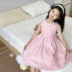 夏季女童寶寶亮膚粉大擺連衣裙2023新款公主亮膚粉連衣裙