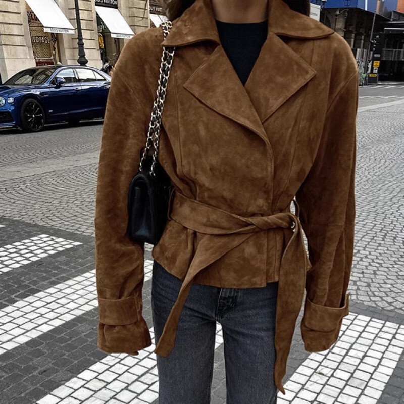 Waist-Tie Jacket for Women 2025 Autumn and Winter New Retro Commuter Brown Suit Collar Jacket High-End Outwear for Women