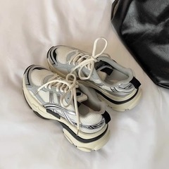 牛皮版~蘇茵茵同款太空銀網面厚底休閒慢跑運動鞋女老爹鞋