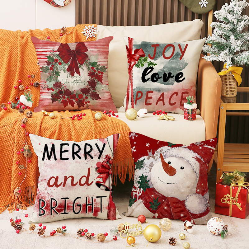 2025 新しいクリスマスリネン枕カバー 45*45 センチメートルセット組み合わせクッション雪だるまプリントかわいい枕カバー|undefined