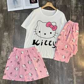 pajamas跨境夏 睡衣女牛奶丝三件套卡通外贸家居服短袖长裤可爱款