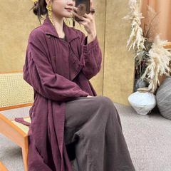 亜麻2025春の新型レトロカジュアル風が襟をひっくり返しています。