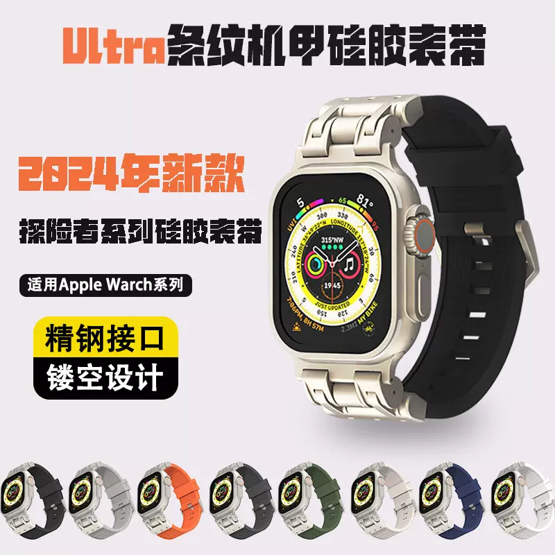 适用苹果表带iwatch1-10代ultr2机甲条纹硅胶手表带机械风针扣