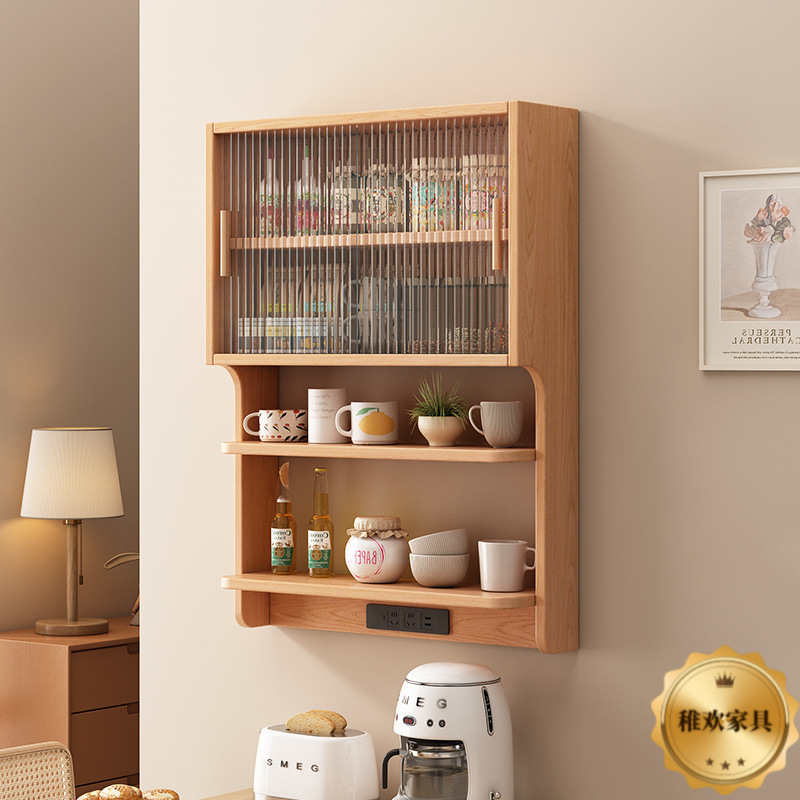 Solid Wood Suspended Sideboard Rubber Wood Wall-Mounted Restaurant Wall Shelf Nordic Style Sideboard Wall Cabinet Storage Cabinet