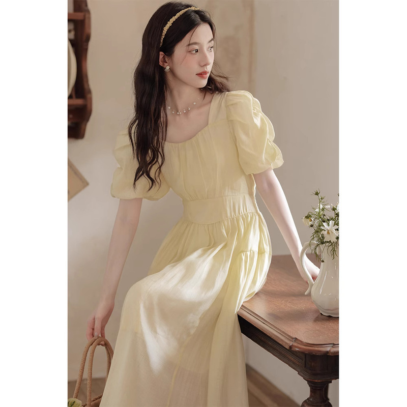 Women's Clothing 2026 Summer Thirteen Lines Tea Break French Style Waist-Cinching A-Line Dress Puff Sleeve Dress Vacation Style Dress