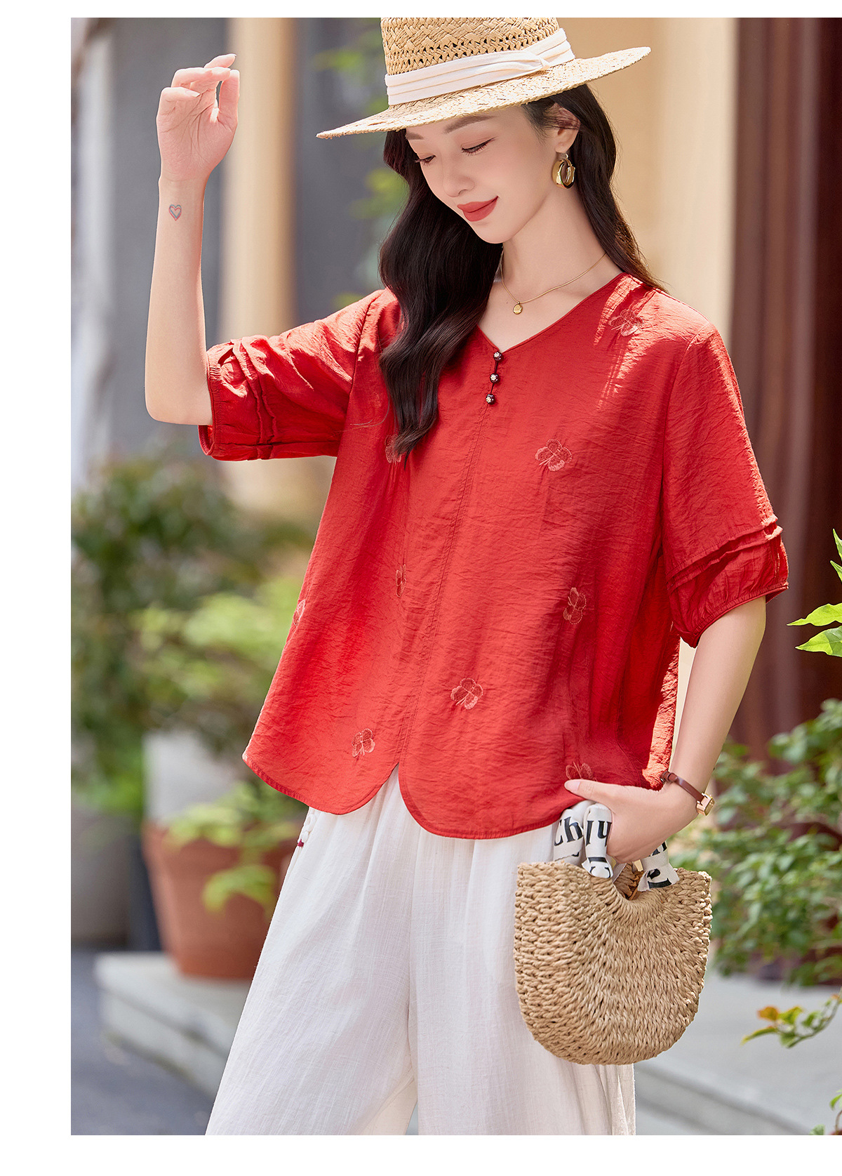 Bộ hai mảnh nữ hè 2026 áo thêu phối quần ống rộng cao cấp MM6652 — Màu hồng, màu đỏ chi tiết 19