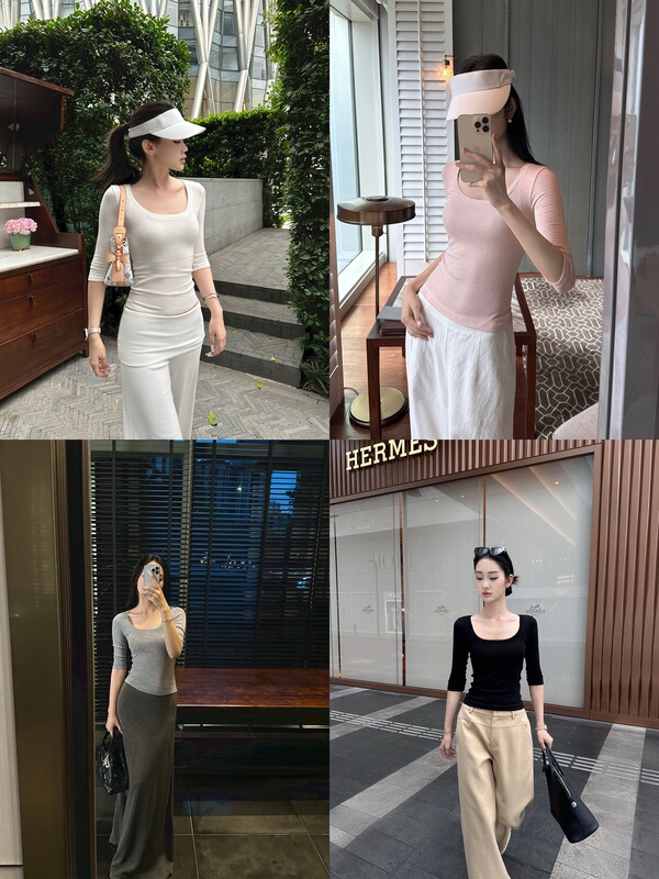 5werkwen 多色入|极简气质美学 天丝羊毛大u领t恤纯色修身短袖|undefined