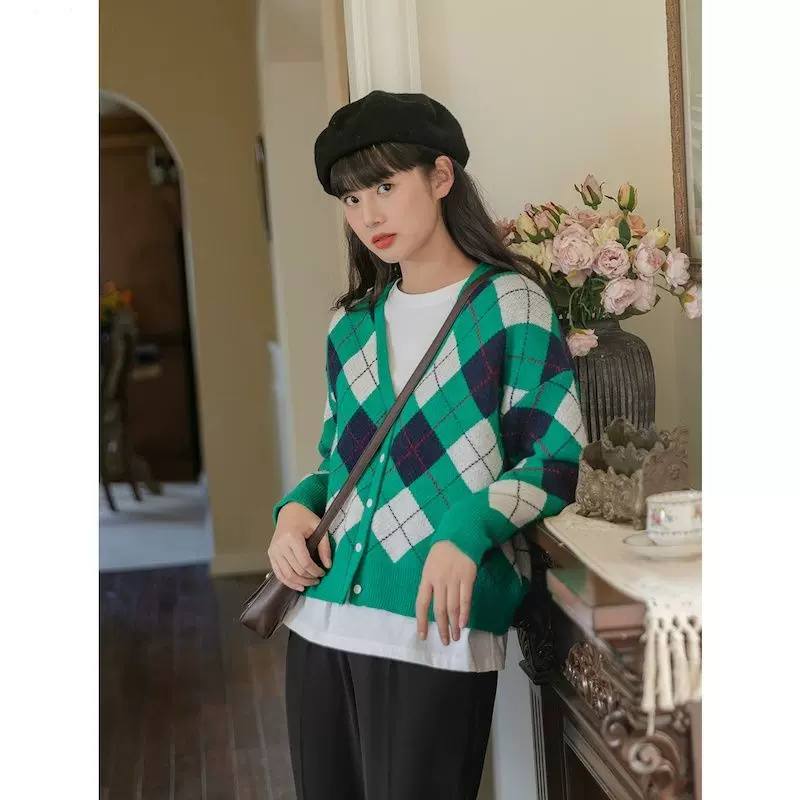 港味复古格纹日系毛衣外套女2025秋冬新款宽松外穿针织开衫上衣潮