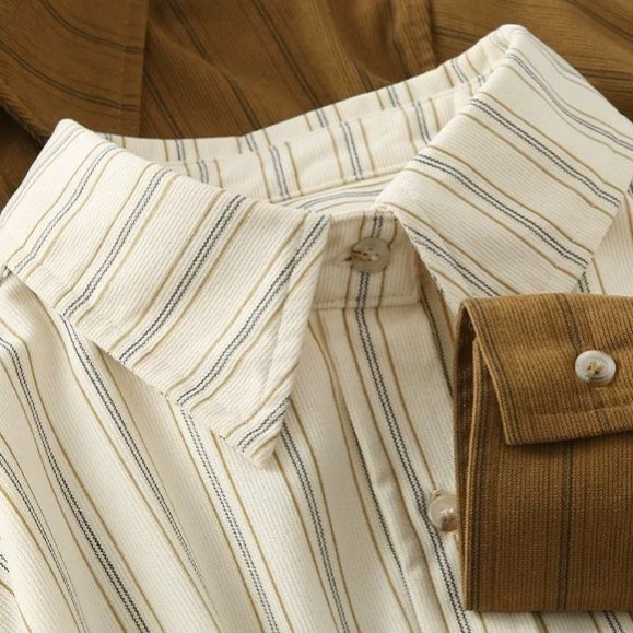 2024秋冬/复古灯芯绒竖条纹衬衫女韩系叠穿宽松百搭休闲衬衣外套