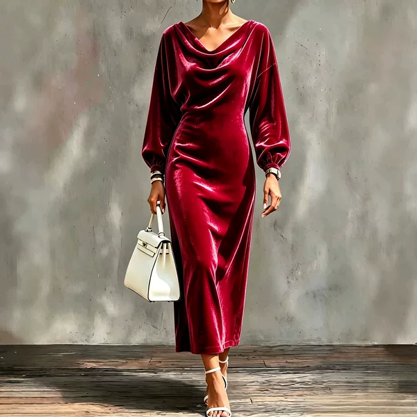 In-stock foreign trade autumn and winter European and American women's fashion new velvet lantern sleeve cowl neck long sleeve slit dress