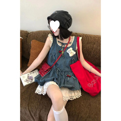 文艺复古两件套装女蕾丝拼接牛仔花苞上衣+杏色半身裙夏季新款