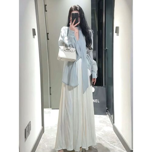 Loose and Lazy Style V-neck Bow Tie Button Loose Multi-purpose Long-sleeved Shirt Small Group Design Sense Shirt Half Skirt ins 