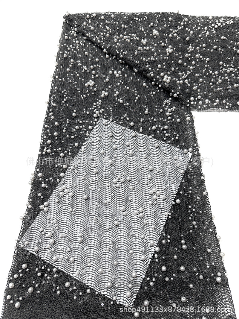 Inventario de tela de malla de cuentas de clavos pesados tamaño de perla ondulado bordado vestido de boda vestido de noche cheongsam tela