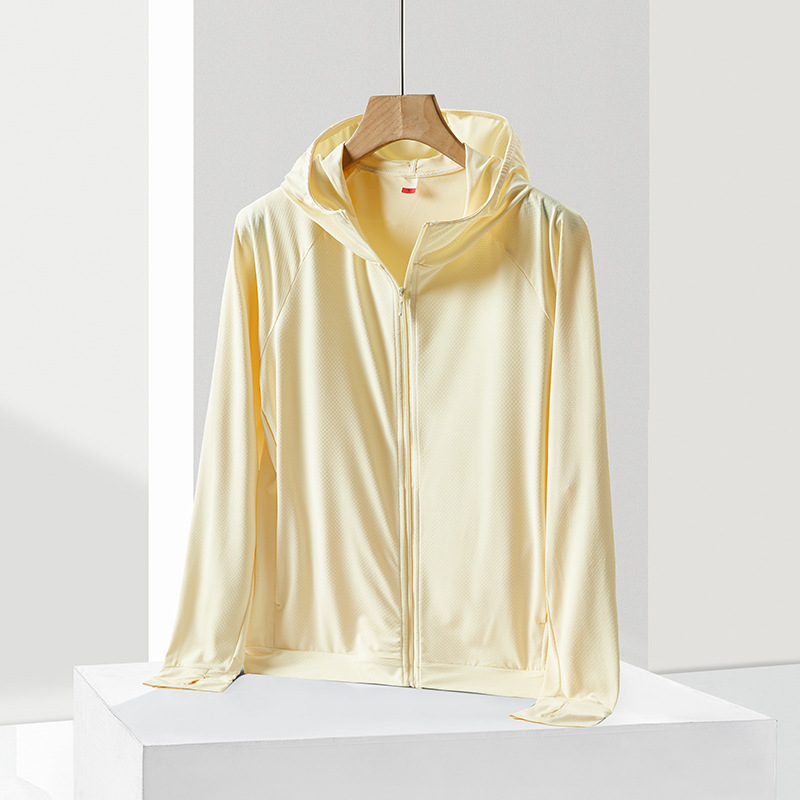 Ropa de protección solar para mujeres pareja de hielo ropa de protección solar anti-UV delgada con capuchón de punto chaqueta transpirable