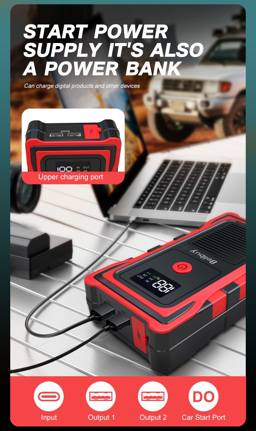 Cross-border portable multifunctional car emergency power supply for battery rescue and outdoor vehicle battery assistance