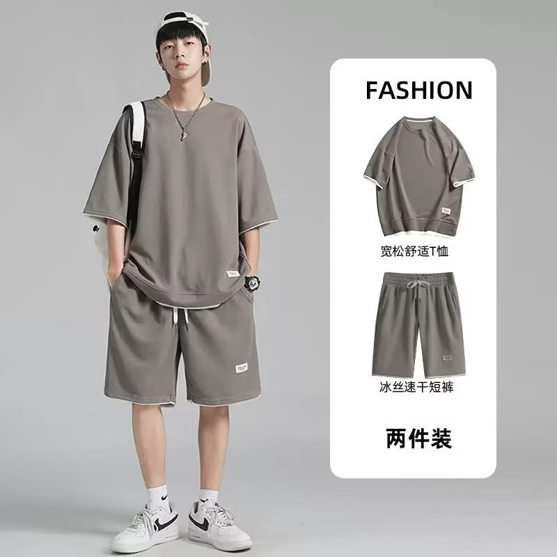 Summer Short-sleeved T-shirt Casual Sports suit Men's Wafflour Fake Two-piece Loose Half-sleeved T-shirt Shorts Two-piece Set