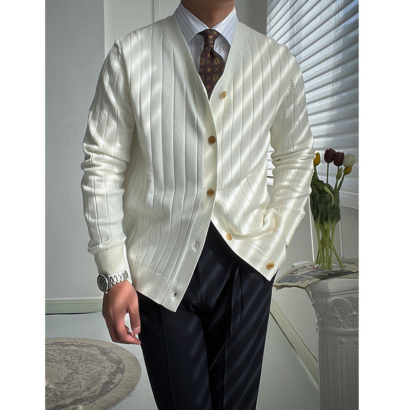 Solid Color Slim-Fit Textured Thin Cardigan Knit Fashion Simple Trendy Men's Striped V-Neck Sweater Small Jacket Wholesale