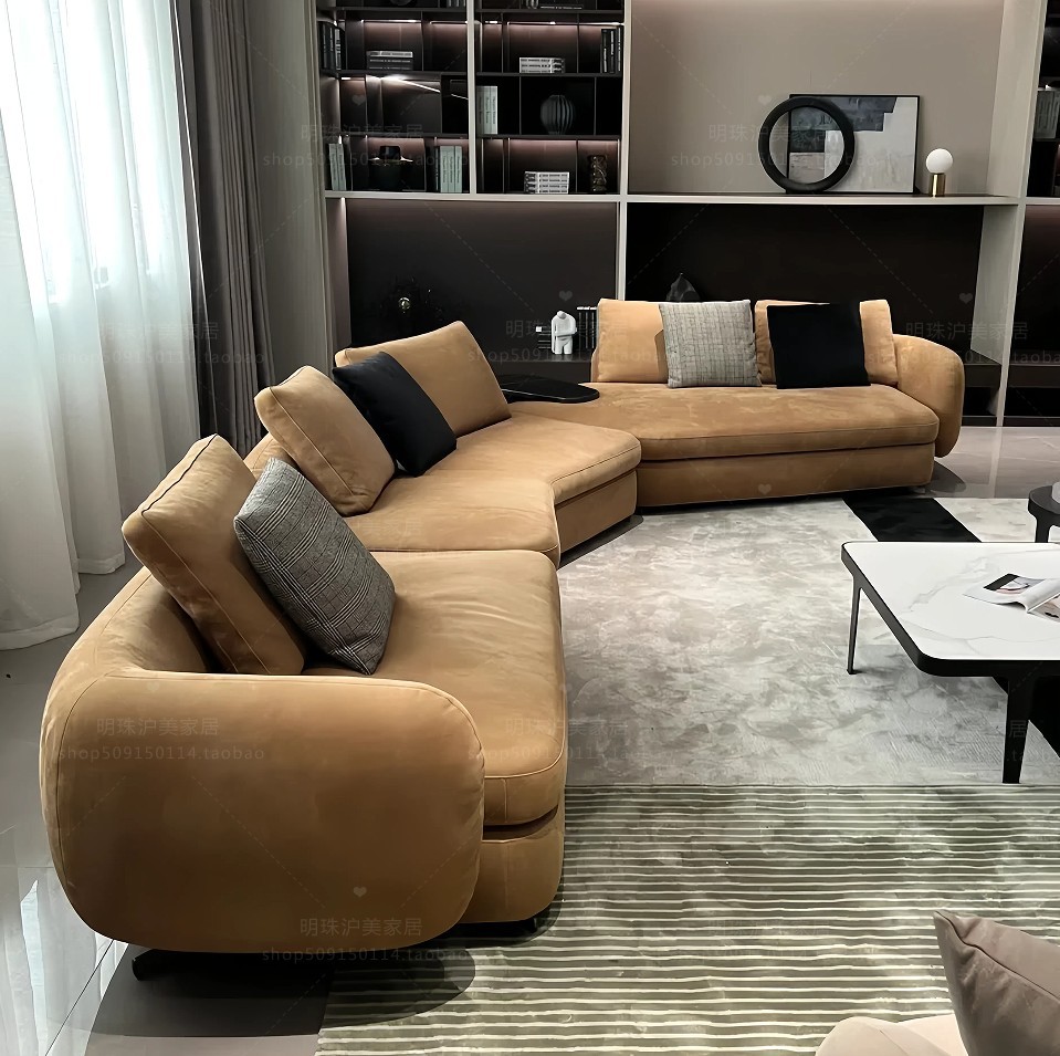 Sofá curvo minimalista italiano, sofá de esquina irregular, sofá de alta densidad, sofá combinado de forma especial