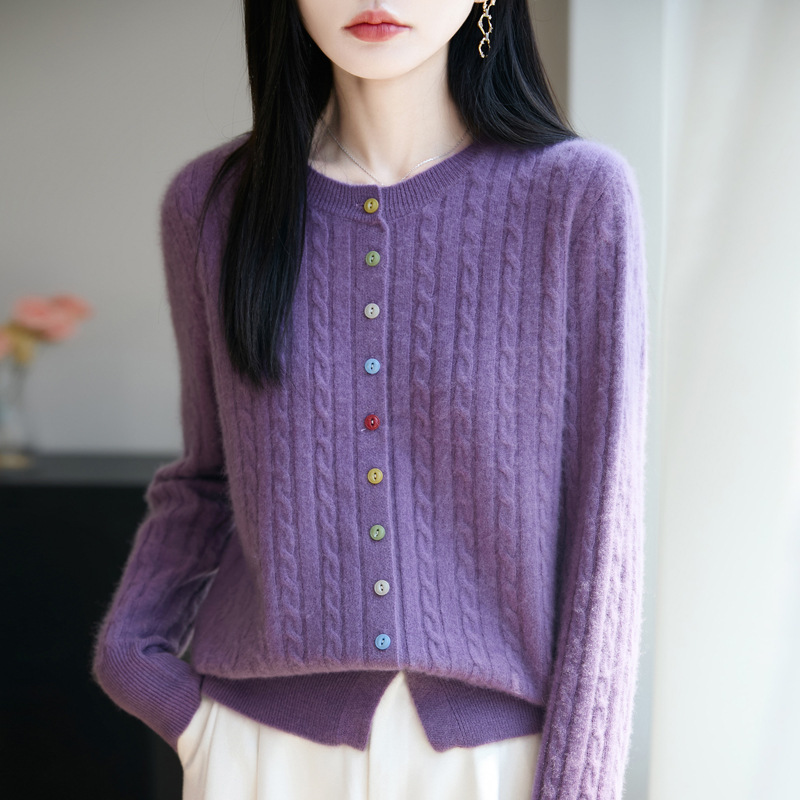 100 Wool Cardigan Twisted Knitted Sweater Women's Round Neck Colorful Button Twisted Top Loose Cashmere Long-Sleeved Bottoming Shirt