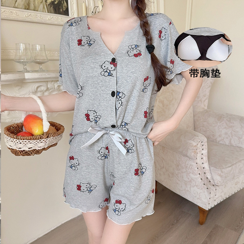 Modal Pajamas for Women Summer with Padded Short-Sleeved Shorts Cardigan Thin Cartoon Bra-Free Home Wear Set