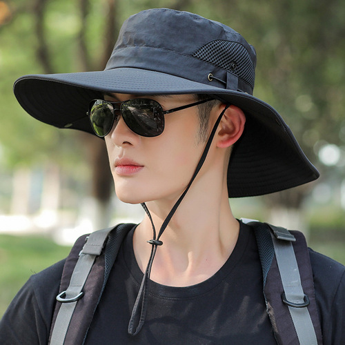 Wide-brimmed sun hat for men, summer outdoor fisherman's hat with tie, foldable and portable fishing sun hat, wholesale