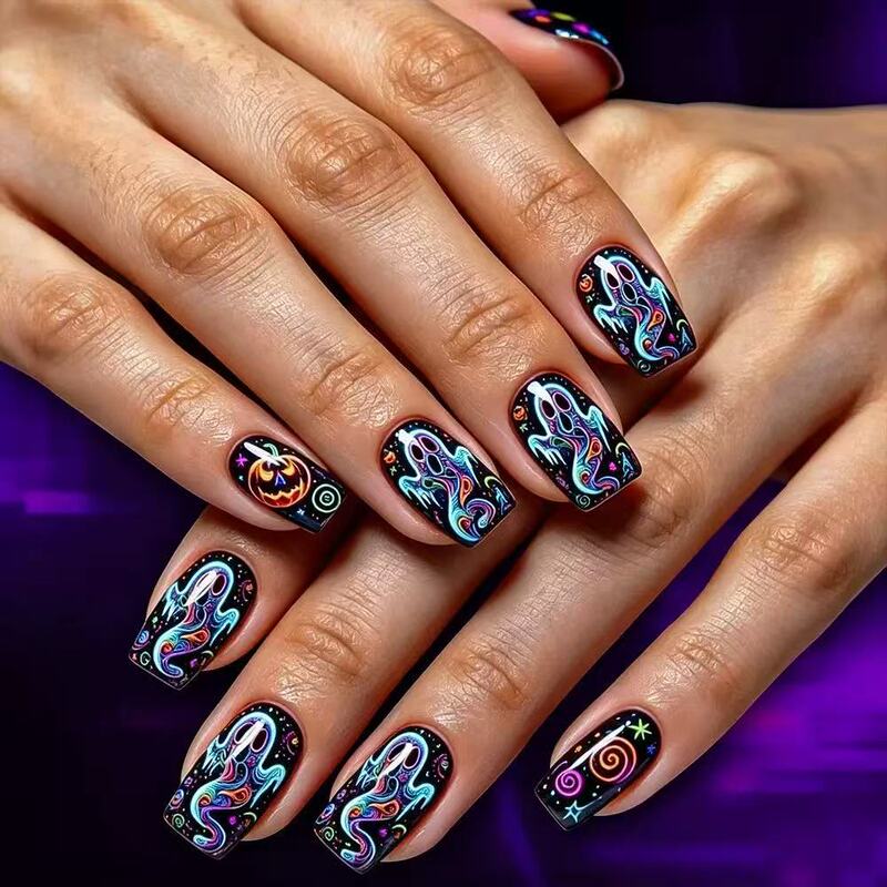 Neon Colorful Laser Chinese Square Nails for Party, Dark Style 24-Piece American Graffiti Spiral Pattern Halloween Nails