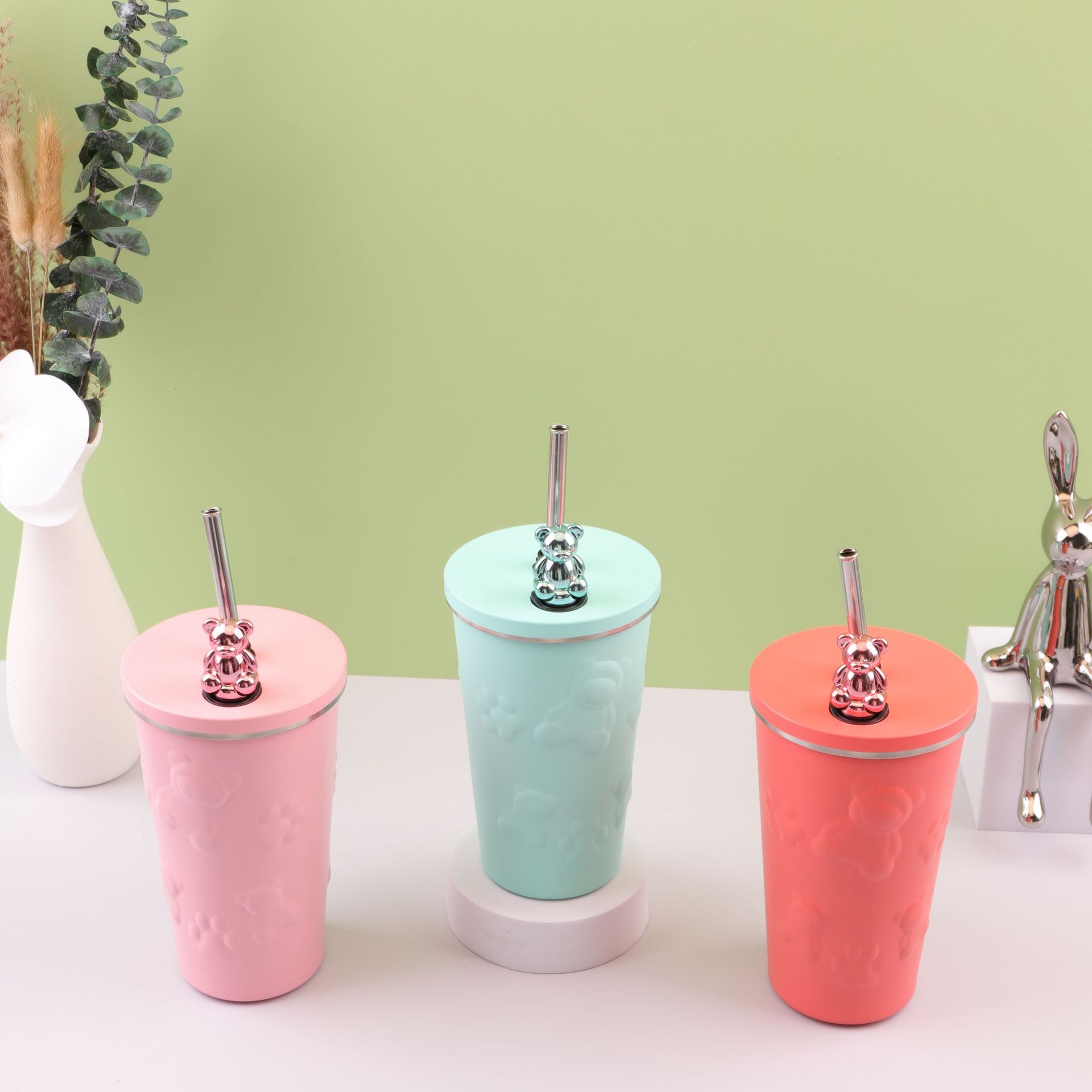 Nuevo oso en línea popularidad 304 taza de paja de acero inoxidable taza de café de alto valor de caricatura de oficina portátil taza de agua doméstica