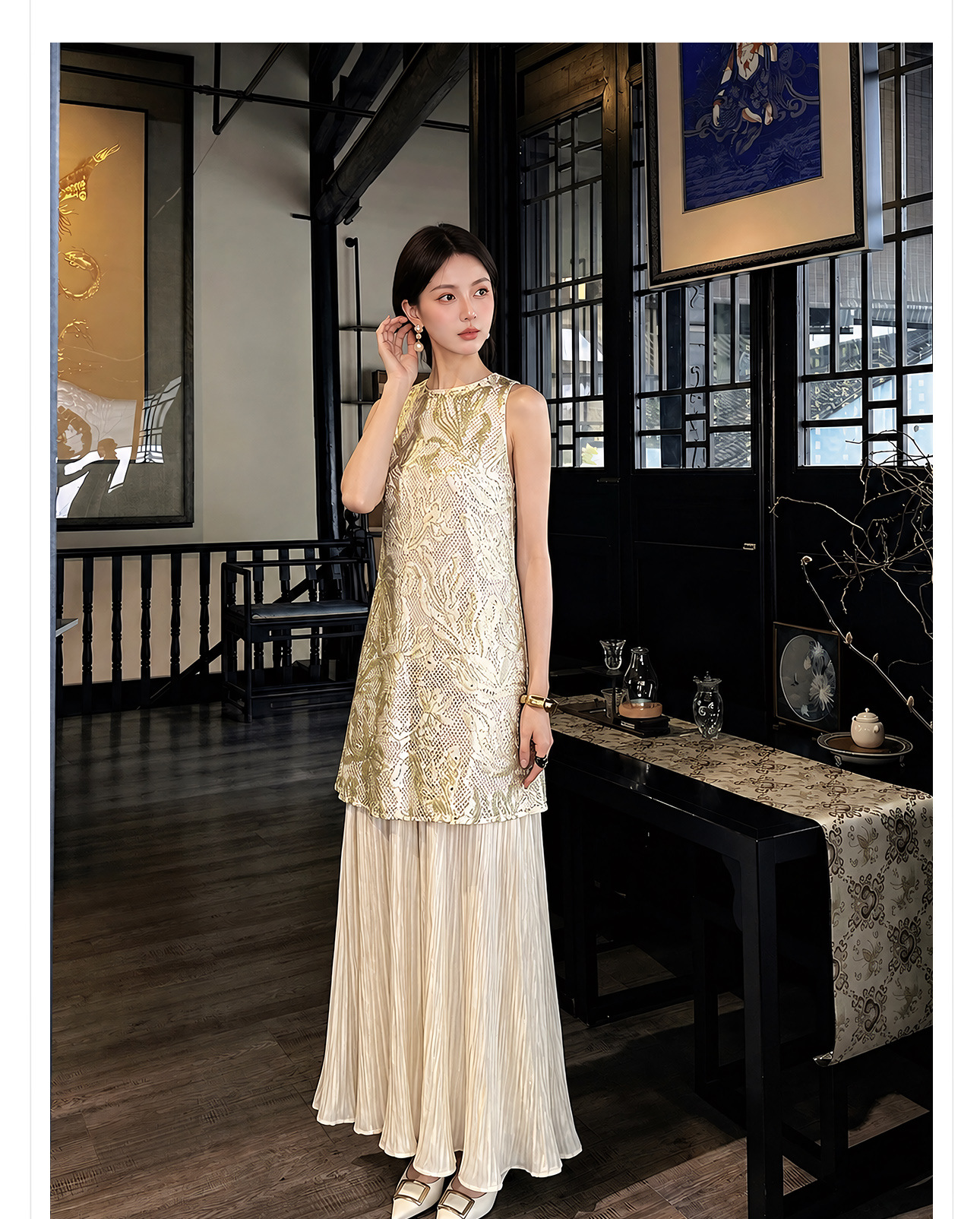 Đầm maxi nữ thắt eo phong cách Tân Trung Hoa họa tiết thêu nổi — Trà cà phê chi tiết 21