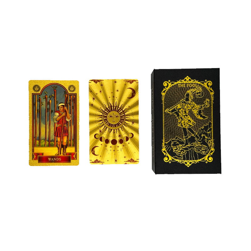 Suministro transfronterizo de lámina de oro Tarjeta de tarot Carlo tarjeta Torre libro tarot impresión en color PVC impermeable manual juego de mesa mantel