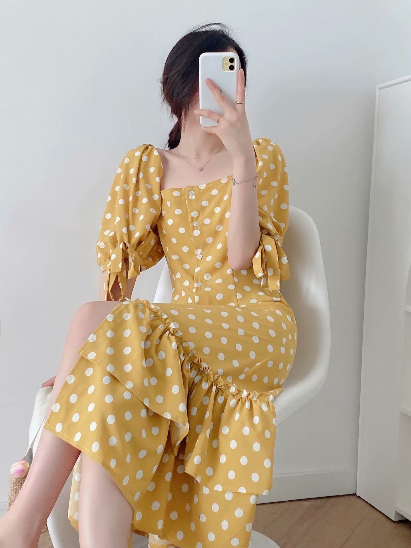 wholesale fashion yellow polka dot cuffs fishtail dresspicture13