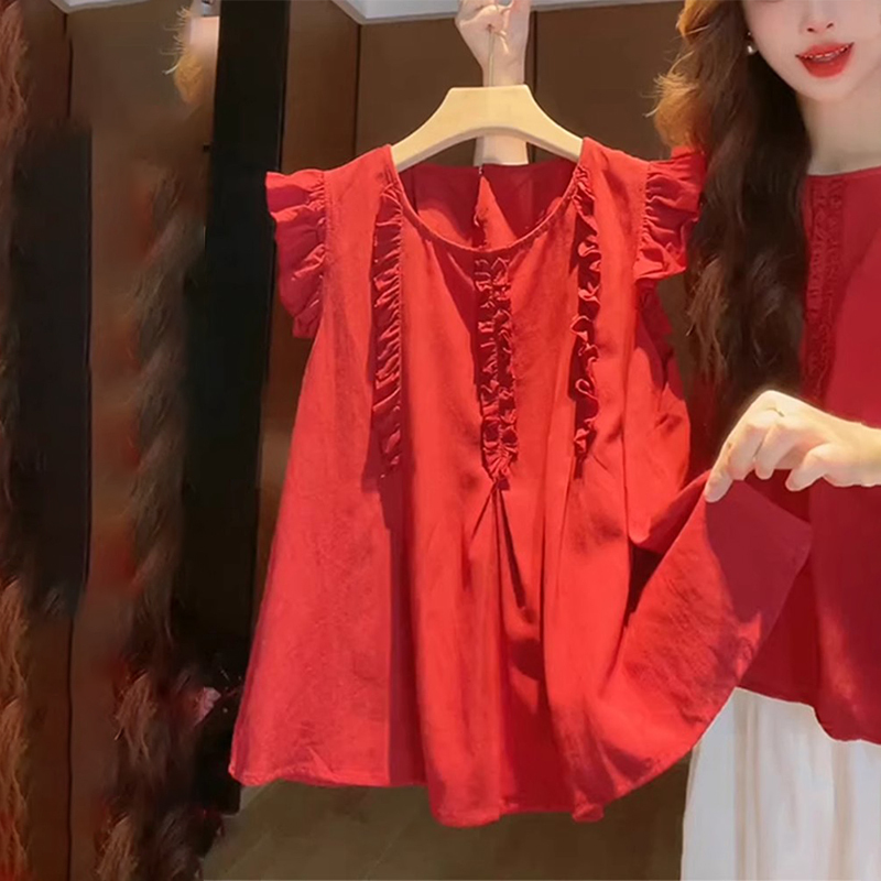 女性用の赤い袖のシャツ、夏の美しいベビードールシャツ、フレンチトップ|undefined
