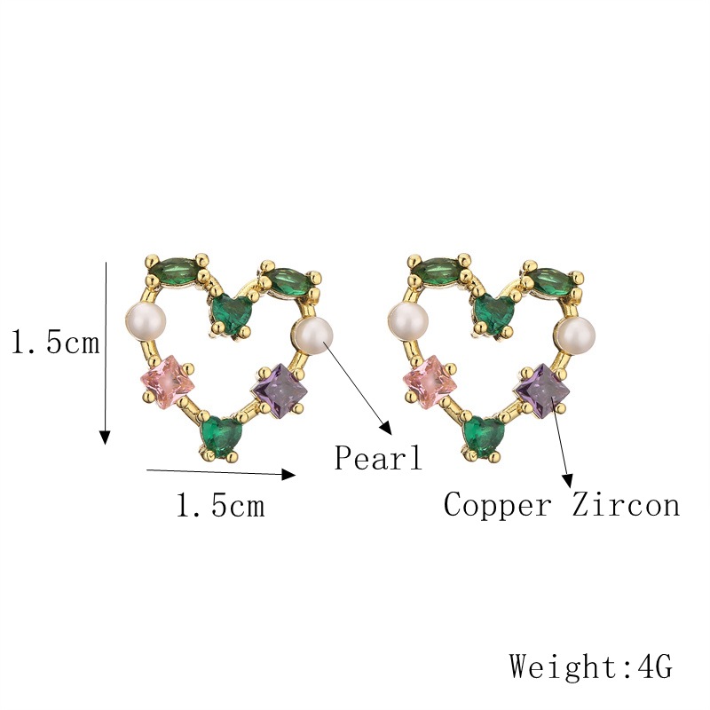 Fashion Moon Heart Shape Copper Hollow Out Inlay Zircon Earrings Ear Studs 1 Pair