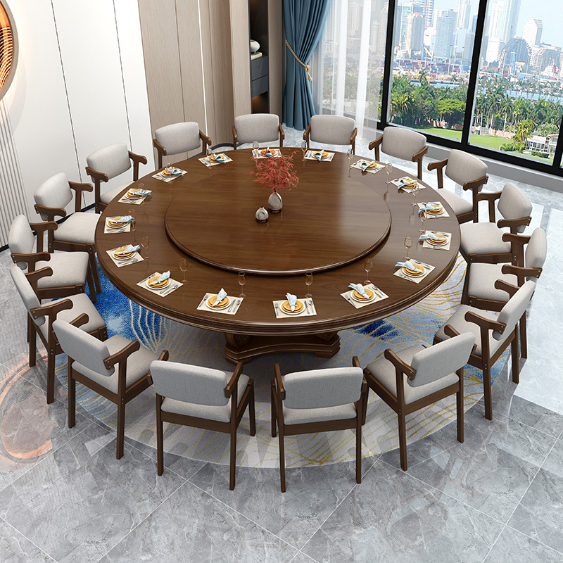 實木餐桌椅組合中式小戶型圓形帶轉盤餐桌家用酒店大圓桌吃飯桌子