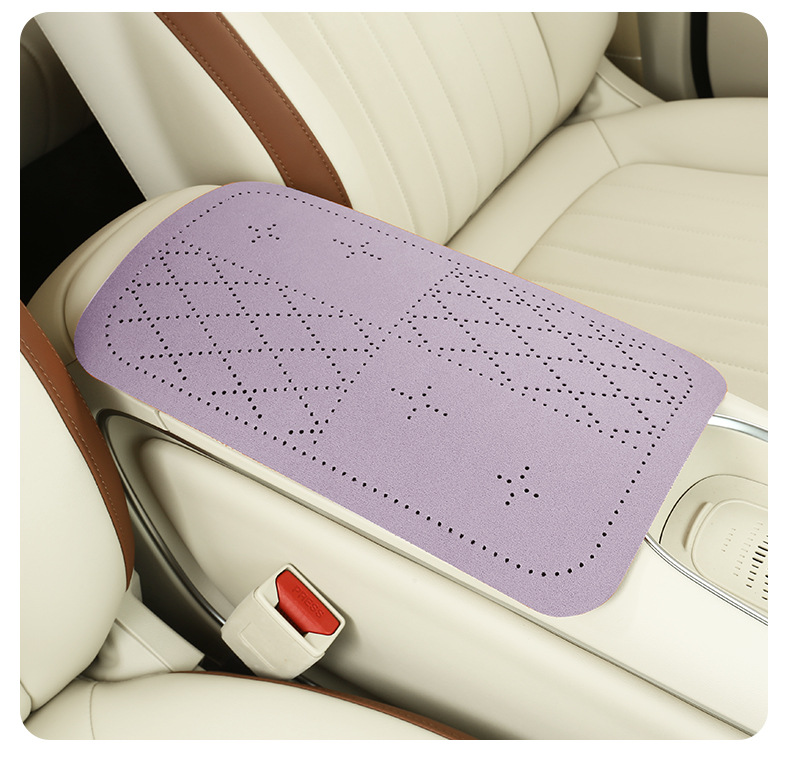 Car armrest box protective pad, breathable diamond perforated suede armrest pad, simple style car interior accessory
