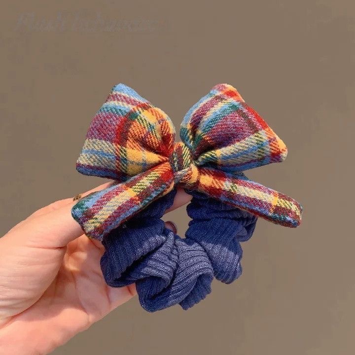 9# blue and yellow color block plaid bow blue scrunchie