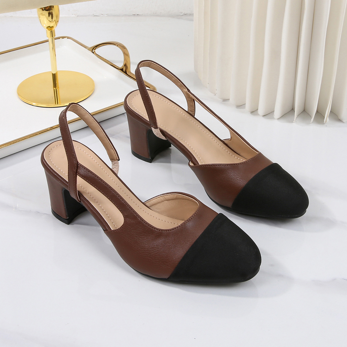 Sandalias cruzadas de tacón medio con punta hueca y bloque de color para mujer, zapatos franceses de tacón alto con punta cuadrada y tacón grueso, zapatos planos de talla grande