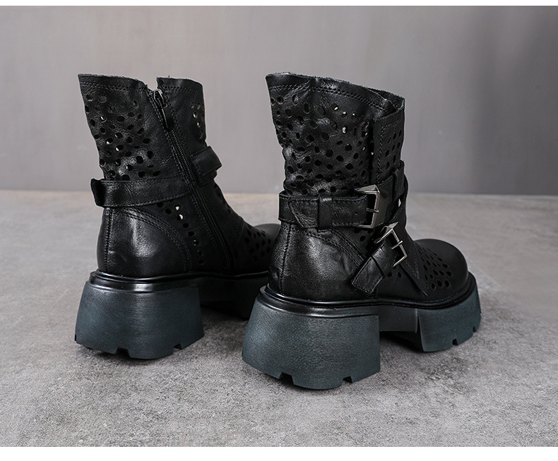 Boot Martin nữ da bò đế dày gót thô họa tiết hoa văn rỗng thoáng khí — Màu nâu chi tiết 15