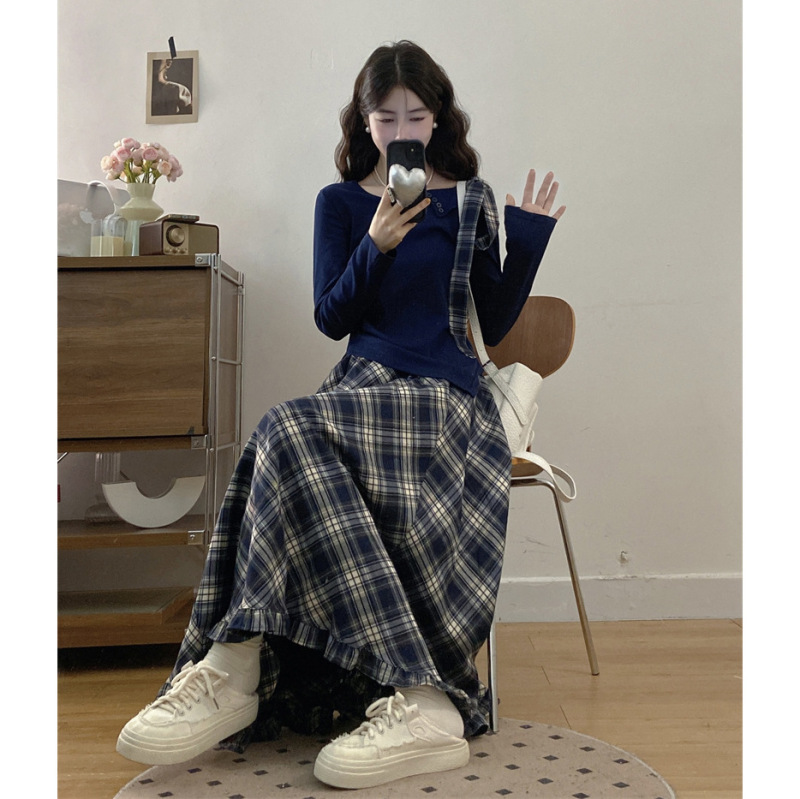 2025初秋露肩蝴蝶结长袖上衣+格子半身裙两件套裙女时尚遮肉套装|undefined